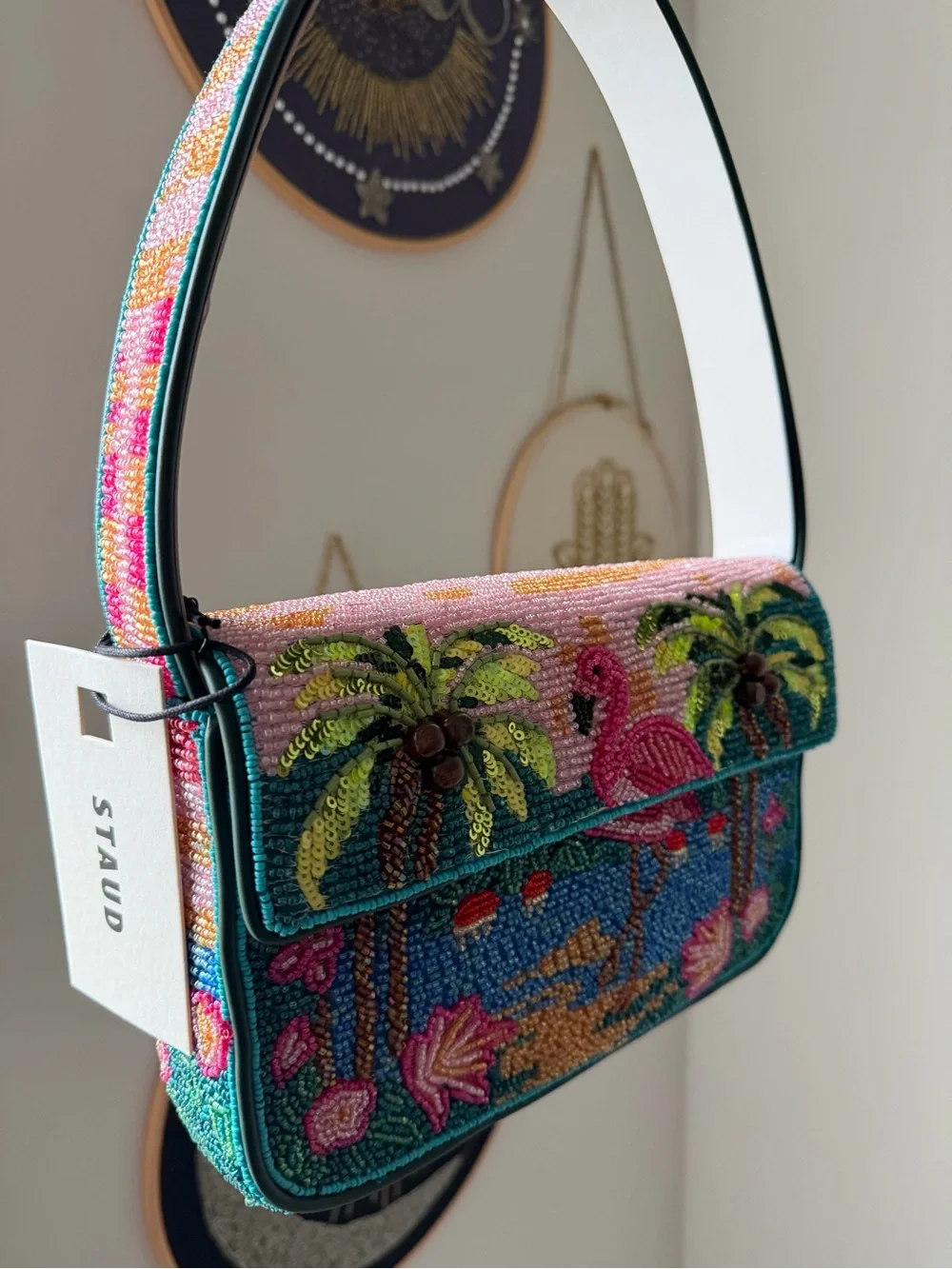 Staud beaded palm beach flamingo Tommy shoulder bag - Picture 4 of 6